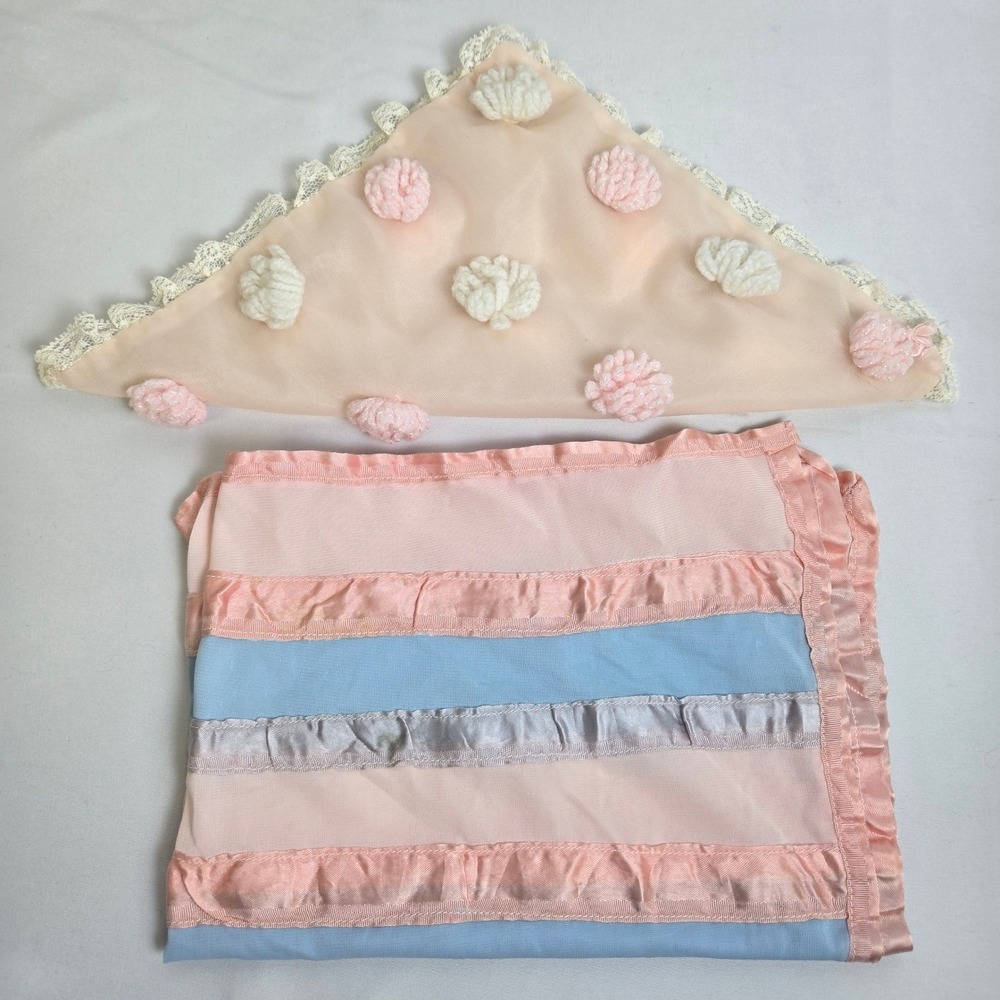 Vintage Handmade Linen Lot, 2 Pieces, Blue Pink Satin‎ Trim Pom Poms Bows